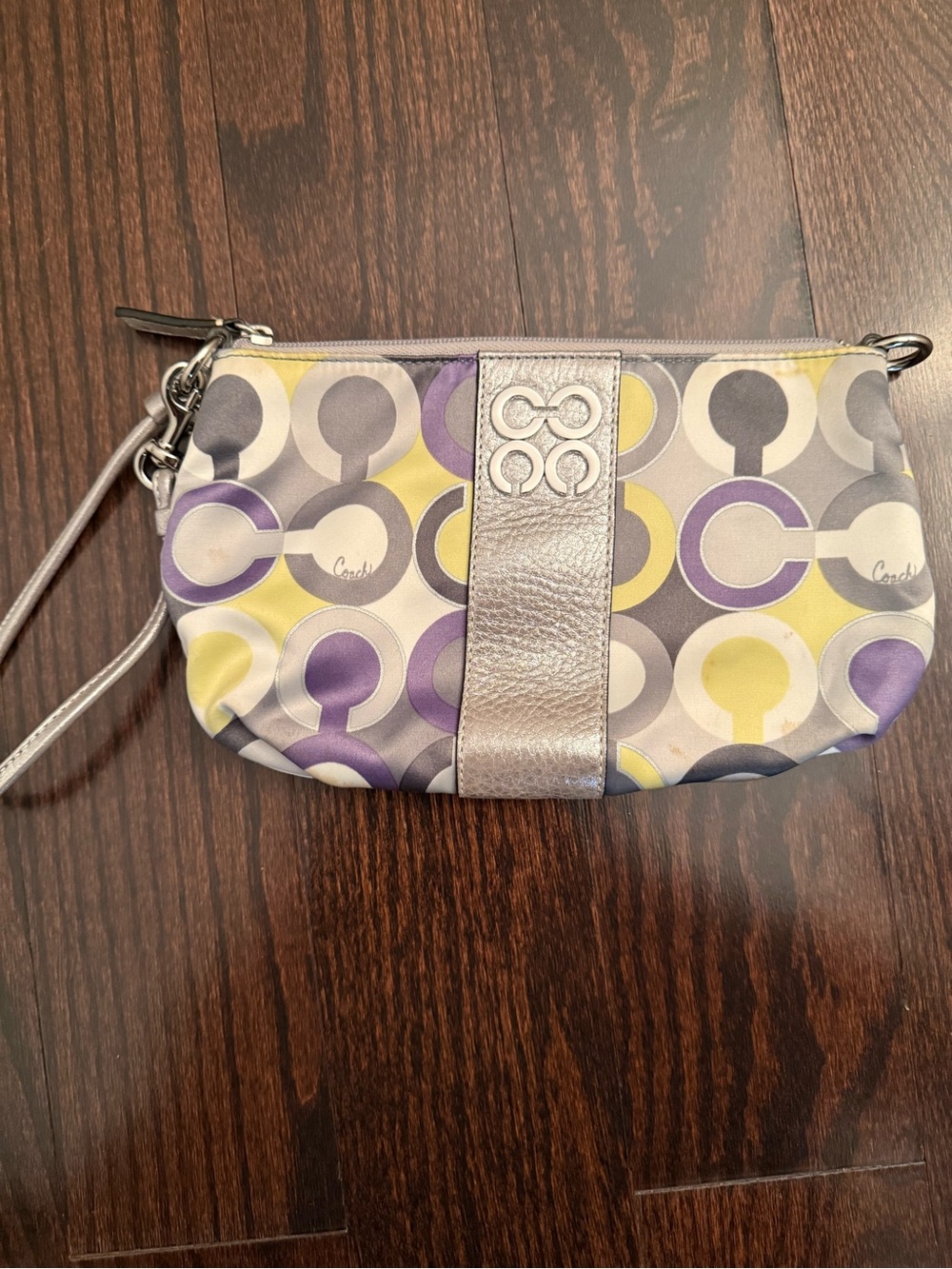 Coach Metallic Trim Wristlet in Purple, Yellow & Gray